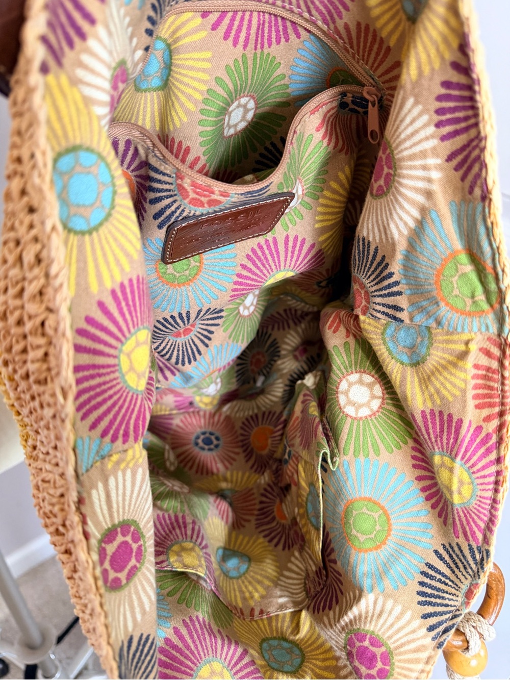 Fossil Multicolor Chevron Straw Tote with Brown Leather Handles - Picture 6 of 8